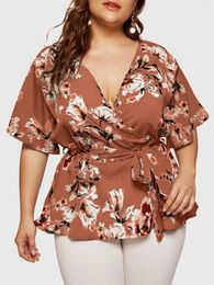 Women's T Shirts Women Tops Plus Size 5XL Flower Surplice Flutter Sleeve Belted Short V Neck Casual Boho Office Shirt Blusas