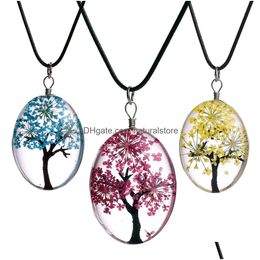 Pendant Necklaces Fashion Dried Flower Specimen Oval Glass Cabochon Tree Of Life Leather Wax Rope Chains For Women Diy Jewelry Gift Dh0We