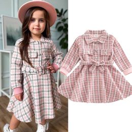 Girl's Dresses FOCUSNORM 2-7Y Autumn Kids Girls Princess Dress With Waistband Plaid Pattern Long Sleeve Button-down Collared A-Line Dress G230222