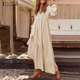 Casual Dresses Bohemian Shirt Dress Womens Maxi Sundress ZANZEA Spring Elegant V Neck Ruflle Vestido Female Long Sleeve Tunic Robe 230223