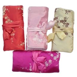 Custom Travel Silk Brocade Jewellery Roll Bags Embroidery Elegant 3 Zip Up Storage Bags Drawstring Pouches (10pcs)