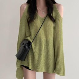 Women's Sweaters Autumn Women's Green Sexy Off-the-shoulder V-neck Long-sleeved Thin Pullover Sweater Gentle Wind Fashion Loose Top