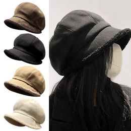Berets Autumn Winter Thickened Women Beret Solid Color Lamb Cashmere Fisherman Cap Fashion Wide-brimmed Octagonal Warm Hat