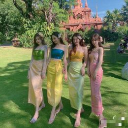 Ethnic Clothing 2023 Summer Thai Traditional Women Sexy Long Skirt Southeast Asian Pography Dance Performance Thailand Costume Travel Dress