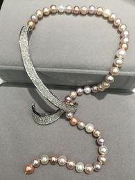 Choker Romantic 8-9MM Natural Fresh Water Pearl Necklace 55CM Multi Colour Zircon Perfect Round Fashion Women Jewellery