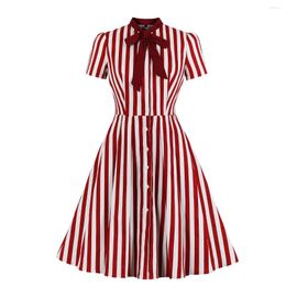 Casual Dresses Vintage Striped Midi Dress 50s Retro Rockabilly Women Summer Sundress Bow Collar Elegant Ladies Office Goth Vestidos