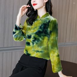 Ethnic Clothing 2023 Vintage Chinese Style Retro Button Long-sleeved Velvet Shirt Women Graceful Green Jacquard Traditional Qipao Top