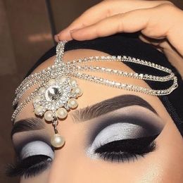 Festive Rhinestone Pearls Flower Forehead Headwear Long Hair Chain Design Full Diamond Hairband Accessories Party Chain Fairy Girl