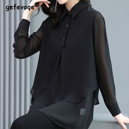 Women's Blouses Shirts Spring Autumn Korean Style Black Elegant Fashion Double Layer Pullover Casual Chiffon Shirt Women Lapel Long Sleeve Blouse 5XL 230223