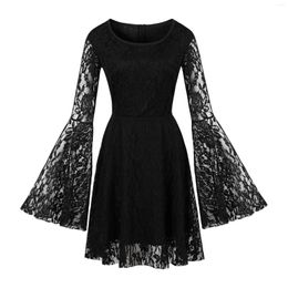 Casual Dresses Gothic Black Women Dress Plus Size Floral Lace Party Long Sleeve Elegant Sexy Solid Ladies Vestidos Femme