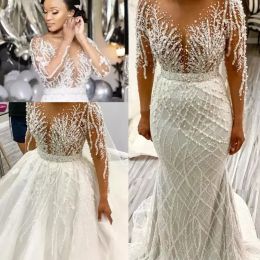 Wedding 2023 Dresses Mermaid Bridal Gown with Detachable Train Long Sleeves Beaded Lace Applique Pearls Custom Made Vestidos De Novia Plus Size