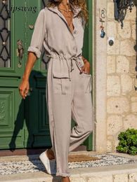 Women's Jumpsuits Rompers Women Summer Tie Drawstring Waist Romper Office Lady Loose Cargo Pants Jumpsuit Casual Button Shirt Playsuit Overalls Pocket 230223