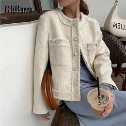 Womens Jackets Women Korean Long Sleeve Tassel Tweed Winter Coat Outwear Elegant Female Short Vintage Casual Black Ladies Cropped Coats 230223