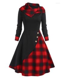 Casual Dresses Contrast Plaid Hooded Long Sleeve Dress Polyester Daily Christmas A Line For Women