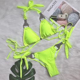 Women's Swimwear Yellow Bikini Set Triangle Swimsuit Women String Halter Bathing Suit Brazilian Bandage Female Diamond Biquini