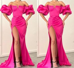 Fuschia Mermaid Prom Dresses for Woman Plus Size Off Shoulder Strapless Pleats Draped Satin Puffy Sleeves High Side Split Formal Wear Evening Gowns Custom Made