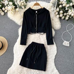 Work Dresses Cotton Two Piece Dress Set Women Outfits Long Sleeve Hoodied T Shirt Crop Top And Drawstring Mini Skirt Loose Female