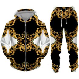 Men's Tracksuits Luxury Golden Pattern 3D Print Zipper HoodieTracksuit Set Baroque Court Crown Vintage Street Wear MenWomen Clothing Suit 230222