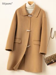 Women's Jackets 2023 Spring Coat 100 Wool TurnDown Collar MidLong Overcoat Raglan Sleeve Hand Sewing Woolen Blazer Duffle Button 310 230223