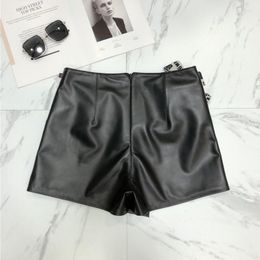 Women's Shorts Lace Streetwear Up Ribbons Genuine Leather Female Fashion Zipper Sheepskin Wide Leg High Waits Skirt