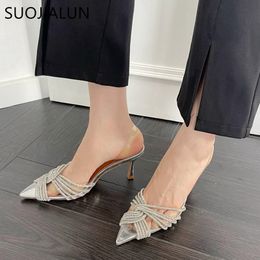Sandals SUOJIALUN 2023 Spring Pointed Toe Women Sandal Shoes Thin High Heel Ladies Fashion Crystal Bowknot Dress Party Pumps 230224