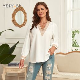 Women's Plus Size T-Shirt KEBY ZJ Plus Size White Contrast Lace V Neck Top Blouse Women Spring Fall Long Sleeve Office Female Casual Blouses 230224