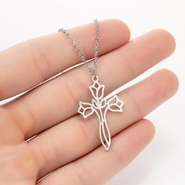 10PCS Cross Three Rose Flower Necklace Stainless Steel Christ Jesus Religious Crucifix Pendants Chain Choker Prayer Baptism Amulet for Girl Women Chokers Collar