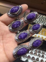 Cluster Rings Genuine Natural Purple Charoite Crystal Adjustable Women Man Charming Sliver Wedding Big Ring 18x13mm Drop