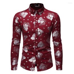 Men's Casual Shirts Wine Red Nightclub Sliver Flowered Printed Shirt Men 2023 Brand Slim Fit Long Sleeve Button Down Mens Party Dress