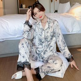 Women's Sleepwear Jxgarb Chinese Style Landscape Painting Satin Pyjamas Sets With Lace Loose Women's Home Clothing Femme Sleep Wear