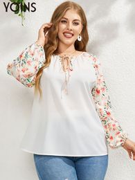 Women's Plus Size T-Shirt YOINS Plus Size Women Blouses Long Sleeve Autumn Floral Print Elegant Crew Neck Tie-up Shirt Casual Tops Blusas Tunic 4XL 230224