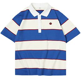 Women's Blouses Shirts England Style Summer Blue Stitching White Women Striped Polo Shirt Tops Short Sleeve Cartoon Patch Ladies Loose POLO tops 230223