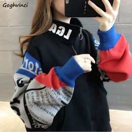 Womens Hoodies Sweatshirts Women Aesthetic Thicker Letter Printed Patchwork Front Pocket Stand Collar Colorful Allmatch Korean Style Trendy Chic 230224