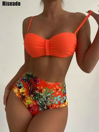 Women's Swimwear Riseado High Waist Bikinis Woman Swimsuit Orange Sexy Push Up Women 2023 Bikini Set Floral Printed Bathing Suit 230224