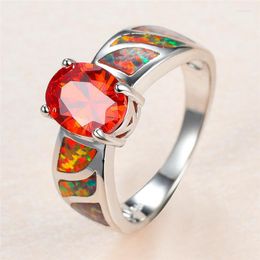 Wedding Rings Luxury Female Red Oval Crystal Ring Classic Silver Colour Big For Women Trendy Opal Stone Engagement