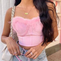 Women's Tanks Pink Solid Colour Tube Top Women Sexy Fishbone Chest Support Crop Tops Strapless Shirt Off The Shoulder Backless Feather