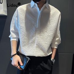 Mens Casual Shirts Fashion Summer Solid Color Button Decorate Pullover Shirt Man High Quality 34 Sleeve Casual Pointed Collar Temperament Top 230224