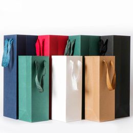 Gift Wrap Solid Wine Paper Bag With Nylon Ribbon Packing Box Single Double Bottle Portable Oil Carrier PackageGift