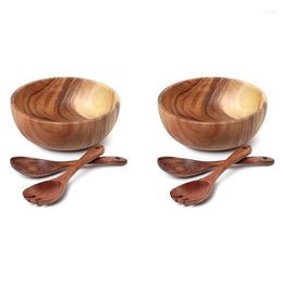 Bowls 2X Wooden Salad Bowl-Large 9.4 Inch Acacia Wood Bowl With Spoon Can Be Used For Fruit