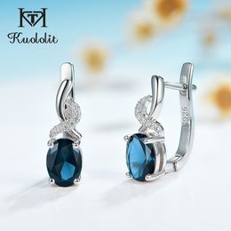 Ear Cuff Kuololit London blue Gemstone Clip Earrings for Women Genuine 925 Sterling Silver Oval 6x8 Luxury earring for Engagement Bridal 230224