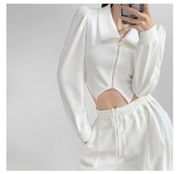 Men's Sweaters Sweet-cool Spicy Girl Zipper Cardigan Coat Women's Irregular Hem Exposed Umbilical Bubble Sleeve Fashion Top 2023spring