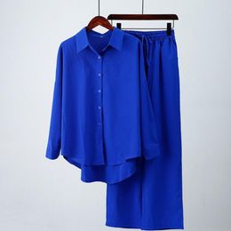 Women's Two Piece Pants Chic Soft Plus Size Deep Crotch Women Blouse Set Fall Shirt Suit 2 Pcs/SetWomen's