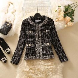 Womens Jackets Women Cropped Tweed Coat Vintage ONeck Open Stitch Tassel Slim Plaid Jacket Korean Long Sleeve Blends Wool Outwear Tops Female 230224