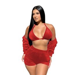 New 2024 Designer Velvet 3 Pieces Sets Women Tracksuits Sexy Halterneck Bra Shorts and Jacket 3pcs Spring Outfits Casual Velour Sweatsuits Bulk Wholesale items 9342