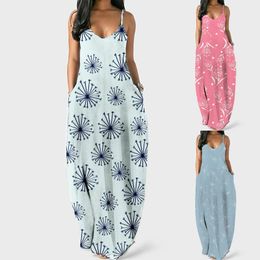 Casual Dresses Women's Maxi Dress Fashion Plus Size Print V-Neck Sleeveless Long With Pockets Ladeis High Waist Loose Dress#35