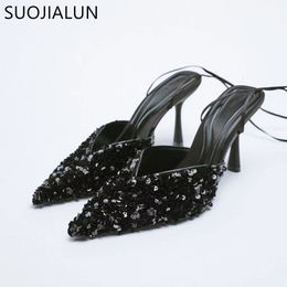 Sandals SUOJIALUN 2022 Women Pointed Toe Pumps Fashion Bling Shallow Ankle Lace Up Ladies Dress Sandal Thin High Heel Shoes 230224