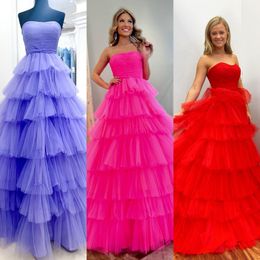 Strapless Tulle Prom Dress 2023 Multi Layer Ruffle Ballgown Lady Preteen Girl Pageant Gown Formal Evening Party Wedding Guest Quince Red Capet Runway Ruched Bustier