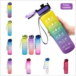 1000ml Drinkware Sports Water Bottle Gradient Colour Frosted Leakproof Plastic Outdoor Gym Sports Bottles with Portable Rope BPA Free