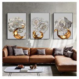 Abstract Poster Nordic Art Plant Canvas Painting Modern Wall Picture for Living Room Decor White Rose Flower Golden Ink Splash Woo