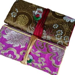 10pcs Custom Travel Zip Roll Up Jewellery Storage Bags Makeup Pouch Bag Drawstring Chinese Silk Brocade Cloth Multi Zipper Pouc